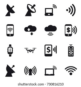 16 vector icon set : satellite antenna, notebook wireless, wireless, phone wireless, cloude service, cloud wireless, phone pay, smartwatch, drone, mobile pay, remote control
