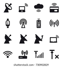 16 vector icon set : satellite antenna, notebook wireless, cloud wireless, tap to pay, smartwatch, antenna, remote control, wireless