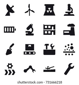 16 vector icon set : satellite antenna, windmill, nuclear power, microscope, battery, modular house, factory, construction, repair tools, soil cutter, wrench