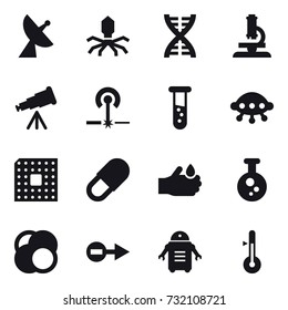 16 vector icon set : satellite antenna, virus, dna, microscope, telescope, laser, vial, ufo, cpu, thermometer