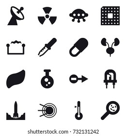 16 vector icon set : satellite antenna, nuclear, ufo, cpu, electrostatic, thermometer, viruses