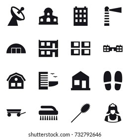 16 vector icon set : satellite antenna, mansion, building, lighthouse, hangare, modular house, panel house, school, house, hotel, home, slippers, trailer, brush, duster, cleaner