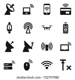 16 vector icon set : satellite antenna, notebook wireless, phone wireless, tap to pay, smartwatch, antenna, drone, remote control