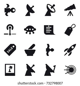 16 vector icon set : satellite, satellite antenna, telescope, laser, ufo, shopping list, label, sale label, photo