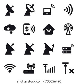 16 vector icon set : satellite antenna, notebook wireless, wireless, cloude service, phone pay, wireless home, antenna