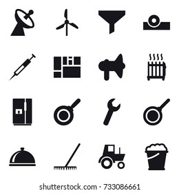 16 vector icon set : satellite antenna, windmill, funnel, loudspeaker, radiator, fridge, pan, rake, tractor, foam bucket