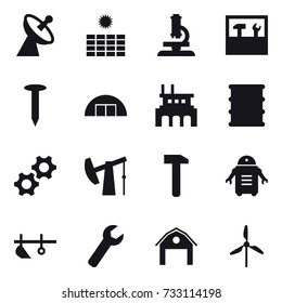 16 vector icon set : satellite antenna, sun power, microscope, tools, nail, hangare, factory, plow, wrench, barn, windmill