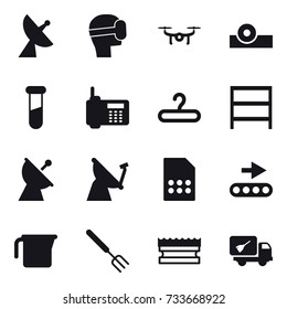 16 vector icon set : satellite antenna, virtual mask, drone, hanger, rack, measuring cup, big fork, sponge, home call cleaning
