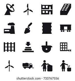 16 vector icon set : satellite antenna, windmill, modular house, brick, factory, construction, sweeper, garbage bin