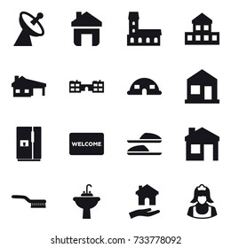16 vector icon set : satellite antenna, home, mansion, cottage, house with garage, school, dome house, fridge, welcome mat, slippers, house, brush, water tap sink, housing, cleaner