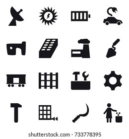 16 vector icon set : satellite antenna, sun power, battery, electric car, slum, brick, factory, construction, repair tools, sickle, garbage bin