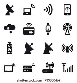 16 vector icon set : satellite antenna, notebook wireless, wireless, phone wireless, cloude service, tap to pay, smartwatch, antenna, remote control