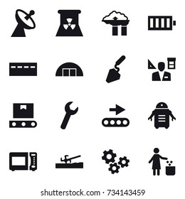 16 vector icon set : satellite antenna, nuclear power, factory filter, battery, bunker, hangare, construction, architector, soil cutter, gears, garbage bin