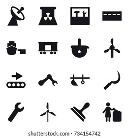 16 vector icon set : satellite antenna, nuclear power, tools, bunker, plow, sickle, wrench, windmill, scraper, garbage bin