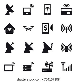 16 vector icon set : satellite antenna, notebook wireless, phone wireless, tap to pay, wireless home, drone, mobile pay, wireless