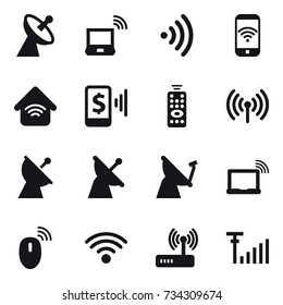 16 vector icon set : satellite antenna, notebook wireless, wireless, phone wireless, wireless home, mobile pay, remote control