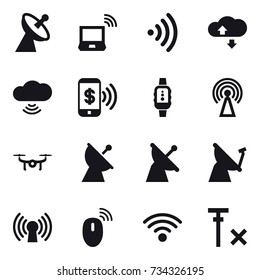 16 vector icon set : satellite antenna, notebook wireless, wireless, cloude service, cloud wireless, phone pay, smartwatch, antenna, drone