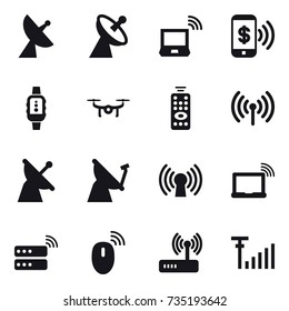 16 vector icon set : satellite antenna, notebook wireless, phone pay, smartwatch, drone, remote control, wireless