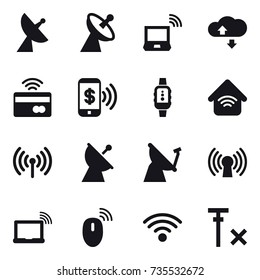 16 vector icon set : satellite antenna, notebook wireless, cloude service, tap to pay, phone pay, smartwatch, wireless home, wireless