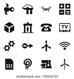 16 vector icon set : satellite, factory filter, drone, calculator, 3d, detector, phone, tv, windmill