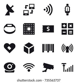 16 vector icon set : satellite antenna, notebook connect, wireless, smartwatch, smart bracelet, cpu, receipt, calculator, 3d