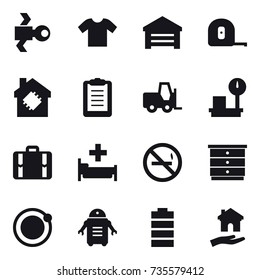 16 vector icon set : satellite, t-shirt, garage, measuring tape, smart house, suitcase, hospital, no smoking, chest of drawers, housing