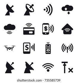 16 vector icon set : satellite antenna, wireless, cloude service, cloud wireless, tap to pay, phone pay, wireless home, drone, mobile pay, remote control