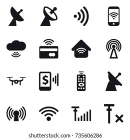 16 vector icon set : satellite antenna, wireless, phone wireless, cloud wireless, tap to pay, wireless home, antenna, drone, mobile pay, remote control