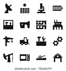 16 vector icon set : satellite antenna, sun power, microscope, battery, tools, slum, modular house, factory, tower crane, repair tools, soil cutter, barn