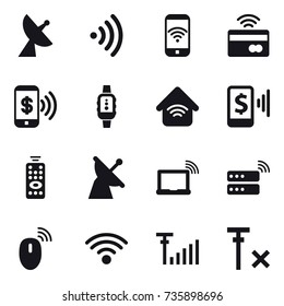 16 vector icon set : satellite antenna, wireless, phone wireless, tap to pay, phone pay, smartwatch, wireless home, mobile pay, remote control