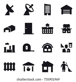 16 vector icon set : satellite antenna, skyscraper, garage, warehouse, door, university, japanese house, city, measuring tape, house, architector, radiator, brooming