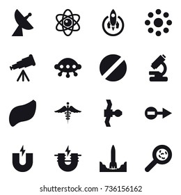16 vector icon set : satellite antenna, atom, rocket, round around, telescope, ufo, viruses