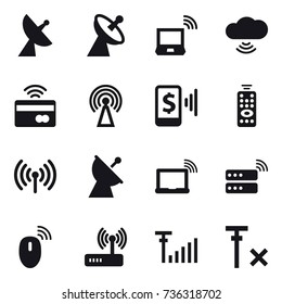16 vector icon set : satellite antenna, notebook wireless, cloud wireless, tap to pay, antenna, mobile pay, remote control, wireless