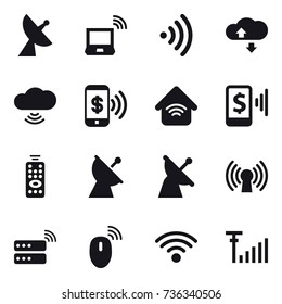 16 vector icon set : satellite antenna, notebook wireless, wireless, cloude service, cloud wireless, phone pay, wireless home, mobile pay, remote control