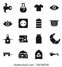 16 vector icon set : satellite, round flask, t-shirt, power socket, colander, apron, trailer, cheese, garbage bag, blower
