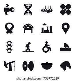 16 vector icon set : satellite, dna, sale, barn, city, tourist, invalid, shark flipper, cauldron, horse