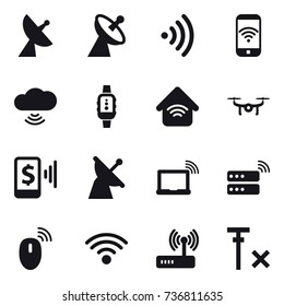 16 vector icon set : satellite antenna, wireless, phone wireless, cloud wireless, smartwatch, wireless home, drone, mobile pay