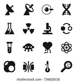 16 vector icon set : satellite antenna, cell corection, dna, flask, nuclear, microscope, quantum bond, vial, ufo, cardio chip, thermometer, viruses