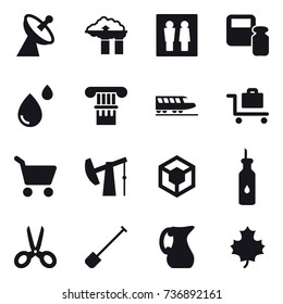 16 vector icon set : satellite antenna, factory filter, wc, scales weight, column, train, baggage trolley, cart, scissors, shovel, jug, maple leaf