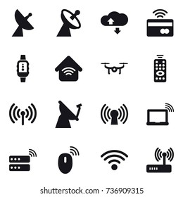 16 vector icon set : satellite antenna, cloude service, tap to pay, smartwatch, wireless home, drone, remote control, wireless