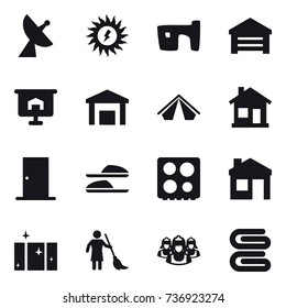 16 vector icon set : satellite antenna, sun power, slum, garage, presentation, tent, home, door, slippers, house, clean  window, brooming, outsource, stack of towels