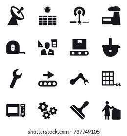 16 vector icon set : satellite antenna, sun power, laser, factory, measuring tape, architecture, gears, scraper, garbage bin