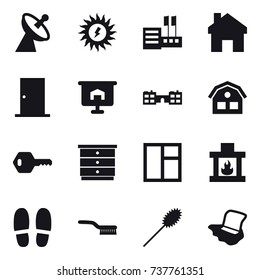 16 vector icon set : satellite antenna, sun power, store, home, door, presentation, school, house, key, chest of drawers, window, fireplace, slippers, brush, duster, floor washing