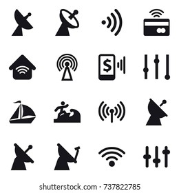 16 vector icon set : satellite antenna, wireless, tap to pay, wireless home, antenna, mobile pay, equalizer, sail boat, surfer