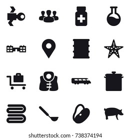 16 vector icon set : satellite, group, school, starfish, baggage trolley, life vest, pan, towel, ladle, pig