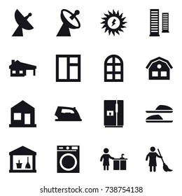 16 vector icon set : satellite antenna, sun power, skyscrapers, house with garage, window, arch window, house, home, iron, fridge, slippers, utility room, washing machine, kitchen cleaning, brooming