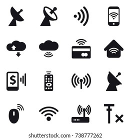 16 vector icon set : satellite antenna, wireless, phone wireless, cloude service, cloud wireless, tap to pay, wireless home, mobile pay, remote control