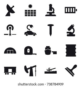 16 vector icon set : satellite antenna, sun power, microscope, battery, laser, electric car, nail, hangare, measuring tape, soil cutter, scraper