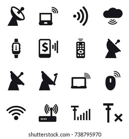 16 vector icon set : satellite antenna, notebook wireless, wireless, cloud wireless, smartwatch, mobile pay, remote control