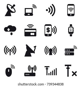 16 vector icon set : satellite antenna, notebook wireless, wireless, phone wireless, cloude service, tap to pay, phone pay, smartwatch